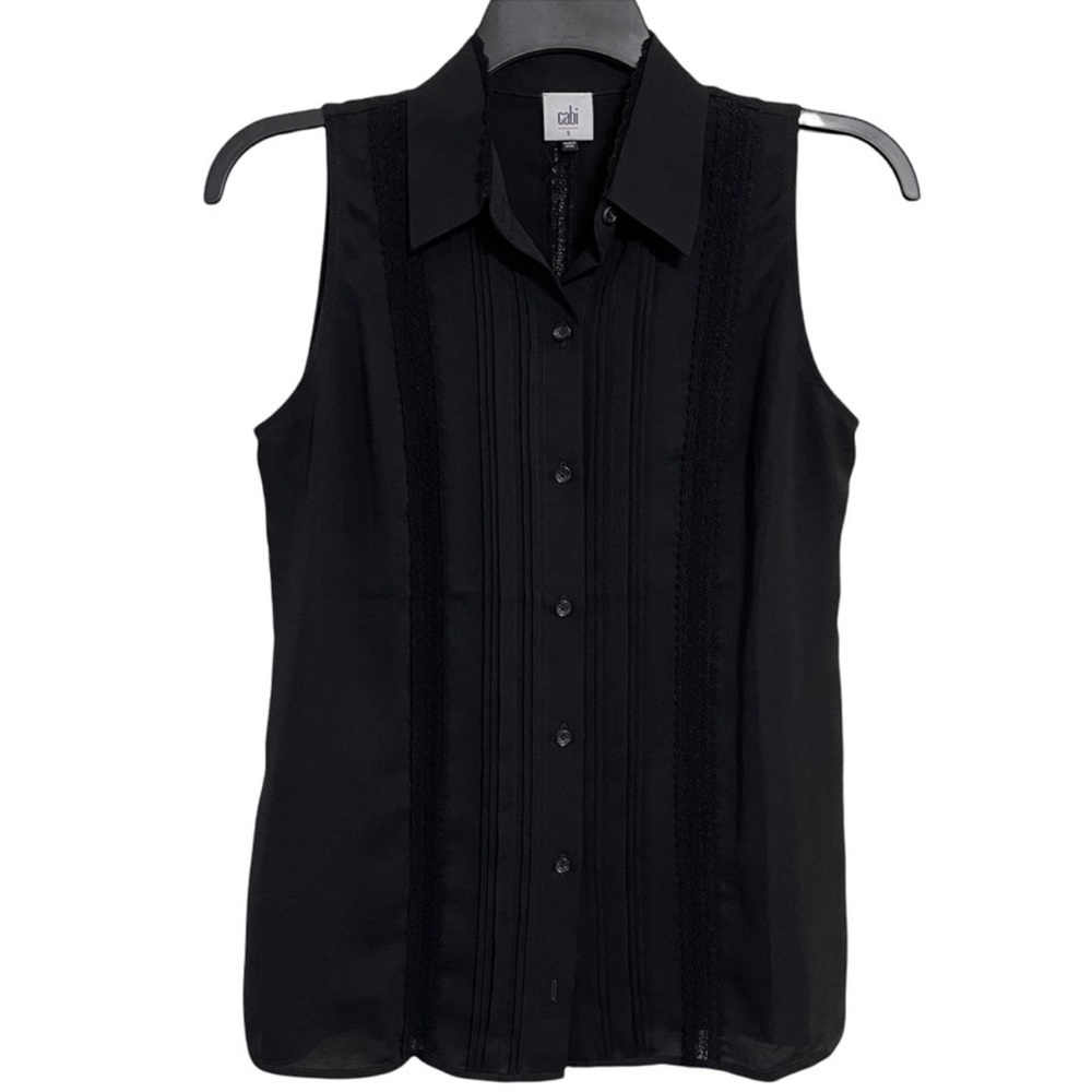 Cabi Jagger Sleeveless Lace Trim Button Down Top Blouse Black Size S
